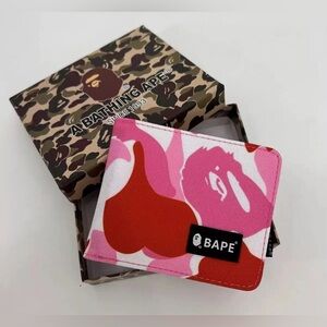 Bape Wallet Mens Pink Camo Nylon Bi-Fold  Bathing Ape Head NIB